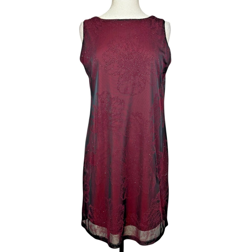 Y2K 90s Lisa Jo Dress Women 12 Red Black Mesh Glitter Sheer Whimsigoth Vamp READ